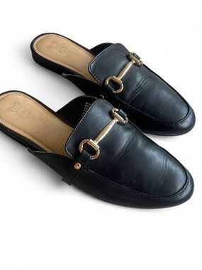 BRASH Black Leather Slip-On Loafers with Gold Bit Detail